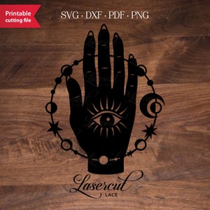 Handlesen SVG, Gipsy Astrologie und Palm lesen Scherenschnitt Datei für Cricut, Lasercut mystische Hexenhand mit Mondphasen und Sternen Vektor