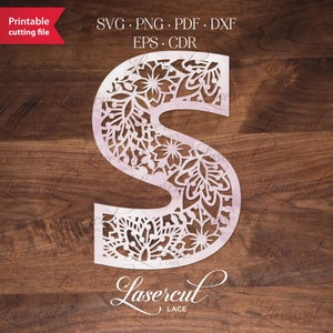 Plantilla de corte de papel de letras SVG, letra del alfabeto monograma S inicial, archivo vectorial cortado con láser, letra floral Cricut, archivo cortado en vinilo, decoración de vivero
