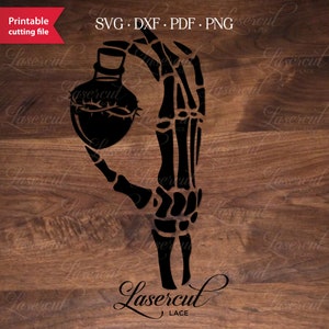 May include: A black skeletal hand holding a black bottle with a crown of thorns around it. The text "Lasercut Lace" is below the hand.