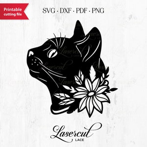May include: Black silhouette of a cat's head with flowers behind it. The cat is looking to the left. The text "Lasercut Lace" is at the bottom of the image.