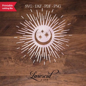 Sunburst Sternzeichen Sonne Mond Sterne SVG, Boho Celestial Zeichen, Mystischer Mond SVG, Heilige Tierkreis Geometrie, Hexerei, Sonne Mandala Papierschnitt svg dxf