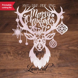 Christmas stag deer SVG cut file, Merry Christmas reindeer head with ornament baubles for paper cutting, laser cut template for winter decor