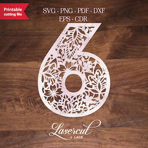 SVG cijfer nummer zes, 6 verjaardag papier gesneden fancy nummer, bloemenalfabetnummers, dxf lasergesneden sjabloon