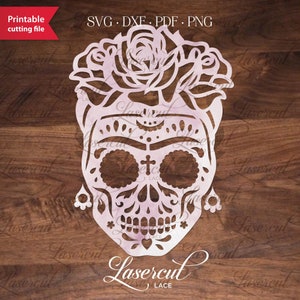 Vrouwelijke suiker schedel SVG, Frida Calavera lasercut, vrouwelijke schedel DXF, papier snijden sjabloon dode koningin, Dia de los Muertos, Halloween schedel