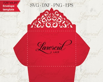 May include: A red envelope template with a decorative, intricate, white laser cut design. The envelope is 7.25 inches by 5.25 inches and has the text "Lasercut Lace" in black.
