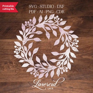 Fall / Christmas laser cut vector wreath template, Monogram frame, SVG decoration, laser cutting advent wreath. Vector cut winter foliage