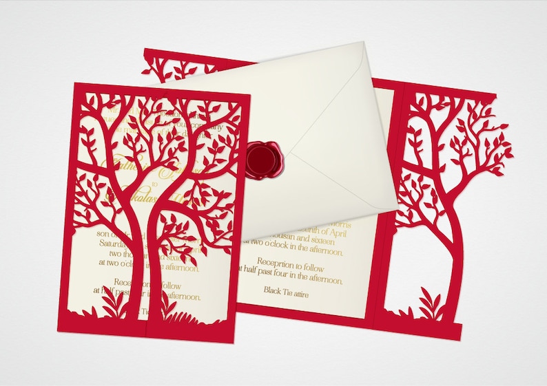 May include: Red laser cut wedding invitation with a tree design. The invitation reads "Saturday, the twenty-sixth of April, two thousand and sixteen, at two o'clock in the afternoon. Reception to follow at half past four in the afternoon. Black Tie attire."
