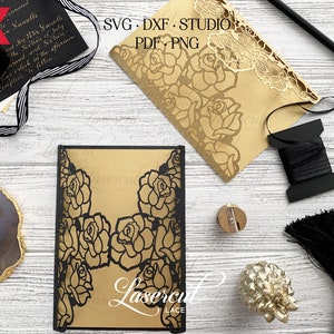 Laser cut roses invitation, flower card invitation svg wedding card 5x7", dxf Silhouette Cameo roses lasercut card, vector template gothic