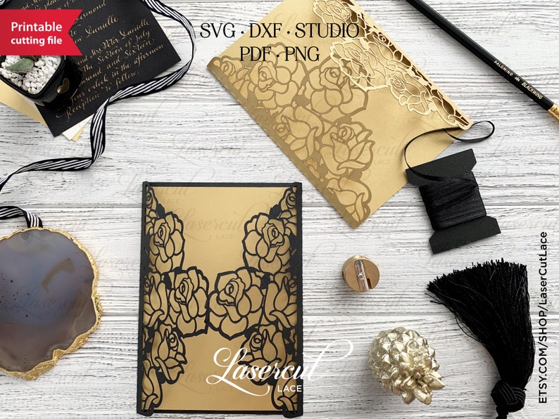 May include: A laser cut wedding invitation with a gold background and black rose design. The text "SVG - DXF - STUDIO - PDF - PNG" is visible at the top of the image. The text "ETSY.COM/SHOP/LaserCutLace" is visible at the bottom right of the image.