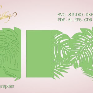 Palm Blätter Hochzeit Einladung Wrap Template Vektor (ai, eps, pdf, cdr, svg, studio, dxf), Tropical Card Cutting File, Hawaiian wedding