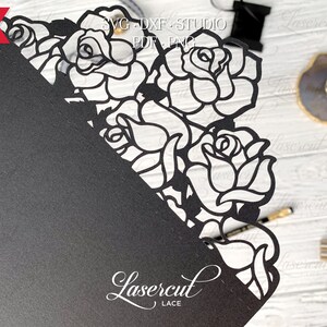 May include: Black and white digital file of a laser cut design featuring a corner border of roses. The design is labeled "Lasercut Lace".