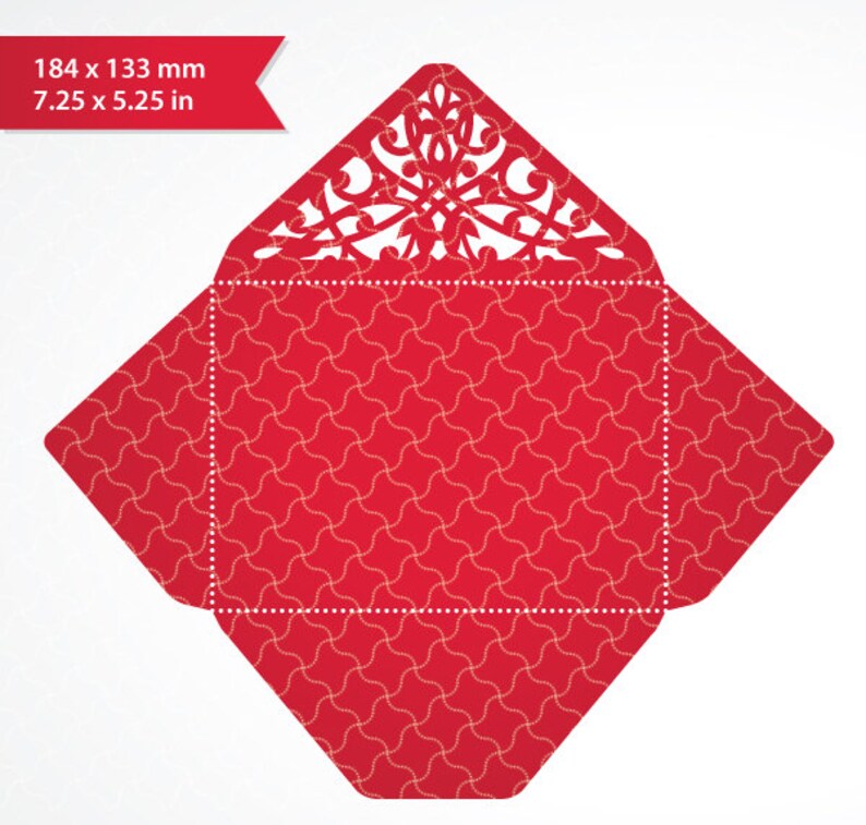 Puede incluir: Sobre rojo con un dise&ntilde;o de encaje blanco decorativo e intrincado en la solapa. El sobre tiene un dise&ntilde;o rojo y blanco.
