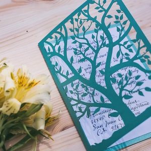 SVG Hochzeit Einladungskarte mit Baum, 18x8,5" Cricut und Silhouette Cameo Vorlage, Laser Cut SVG DXF Vektor Vorlage