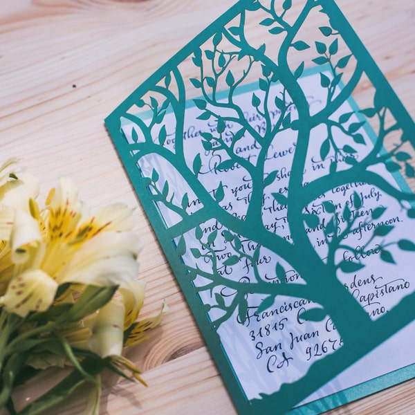 SVG wedding invitation card with tree,  6x8.5" Cricut and Silhouette Cameo template, Laser Cut SVG DXF vector template