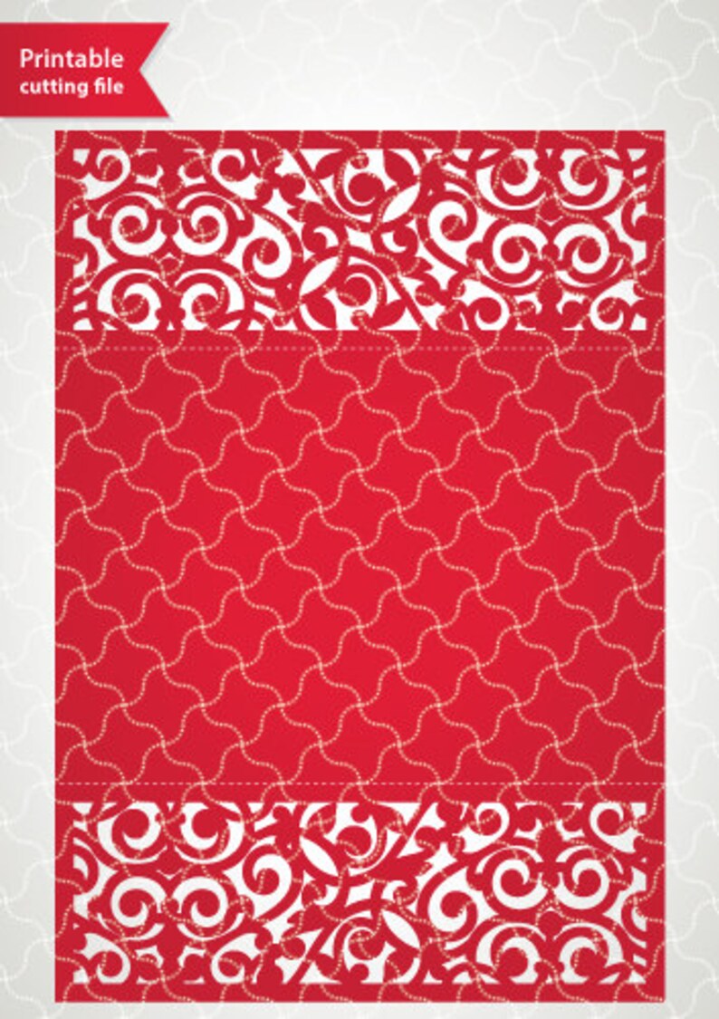 May include: Printable cutting file for a red and white wedding invitation with a decorative floral pattern. The file is designed for laser cutting.