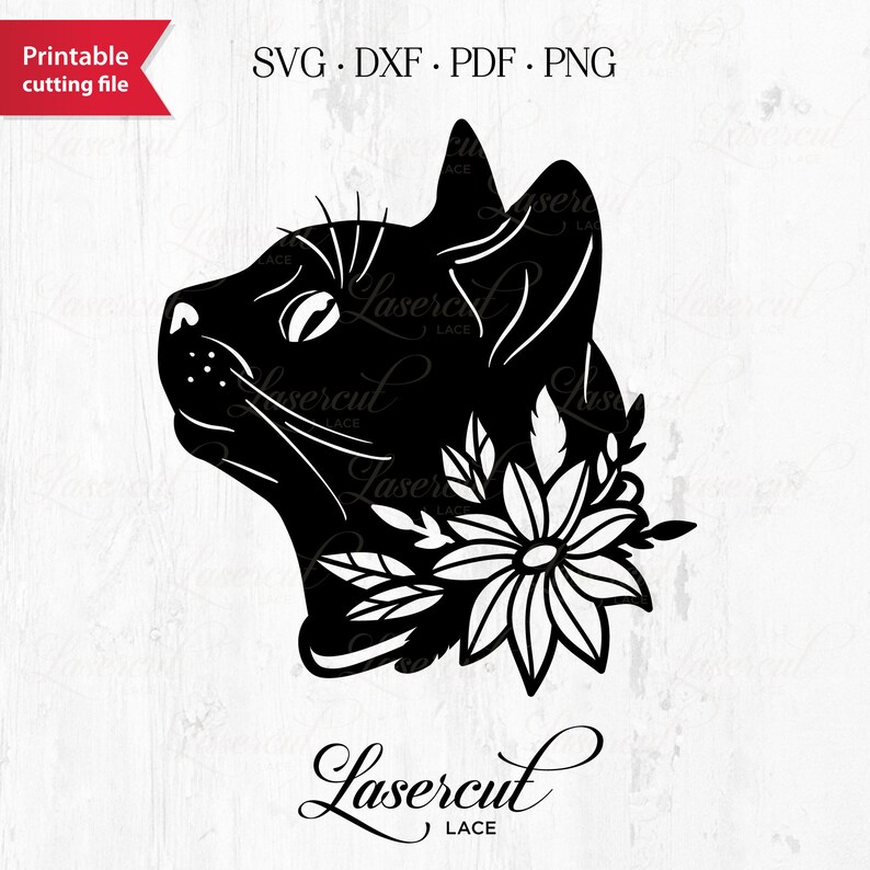 May include: Black silhouette of a cat's head with flowers behind it. The cat is looking to the left. The text "Lasercut Lace" is at the bottom of the image.