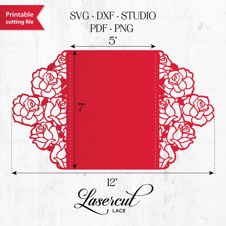 May include: A red laser cut wedding invitation with a floral design. The invitation measures 5 inches by 7 inches and is 12 inches long when folded. The design features a cluster of roses on each side of the invitation.