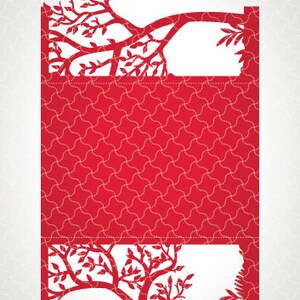 May include: Printable cutting file for a red and white wedding invitation with a tree design. The invitation is designed to be folded in half.