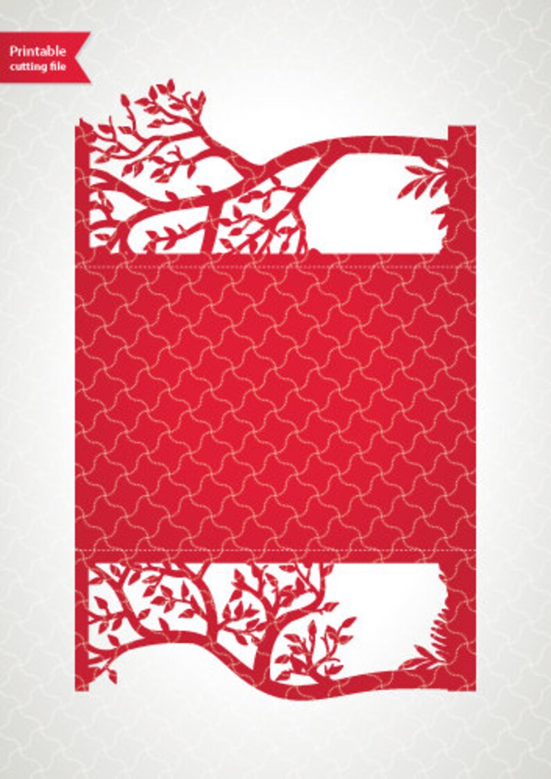 May include: Printable cutting file for a red and white wedding invitation with a tree design. The invitation is designed to be folded in half.