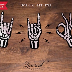 Rock no arquivo SVG de mãos de esqueleto, design de estêncil de Halloween com sinal de Ok, gestos manuais de radiologia em DXF para Silhouette Cameo e SVG para Cricut