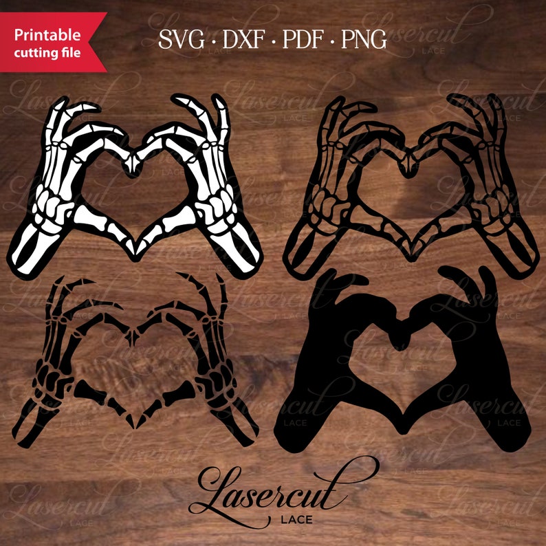 May include: Two sets of skeleton hands forming a heart shape. The top set is white on a brown background, and the bottom set is black on a brown background. The image is for a digital download of a cut file.