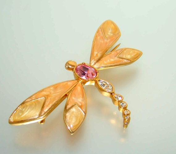 Enamel Rhinestone Dragonfly Marked KJL for Avon V… - image 2