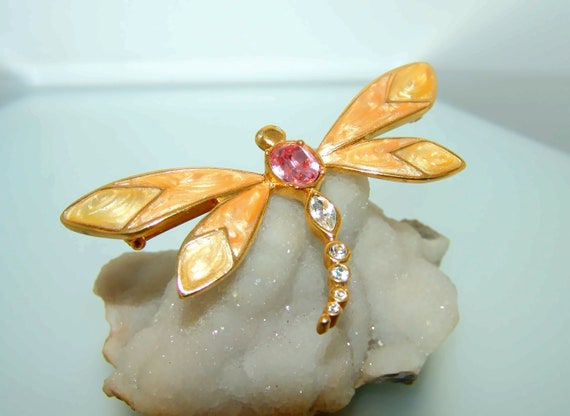 Enamel Rhinestone Dragonfly Marked KJL for Avon V… - image 1