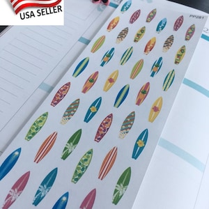 S-281 -- Kawaii Tavola da Surf, Cavalcando grandi onde, Tavola da surf per principianti, Vacanze, Spiaggia: Adesivi Planner Erin Condren, Limelife, Carta Prugna