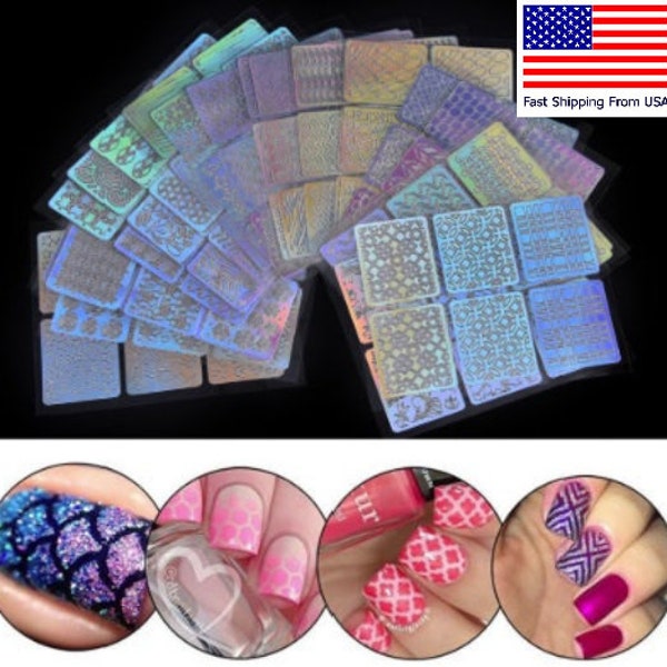 Nail Art Hollow Laser Sticker Stencil Gel Polish Nail Vinyl Tip Transfer Guide Template Nail Decals 1-24 Sheets DIY