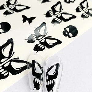Halloween Nail Decals: Bats, Ghosts, Skulls, Skull Butterfly - Nail Art Stickers Q054 - Black Skull