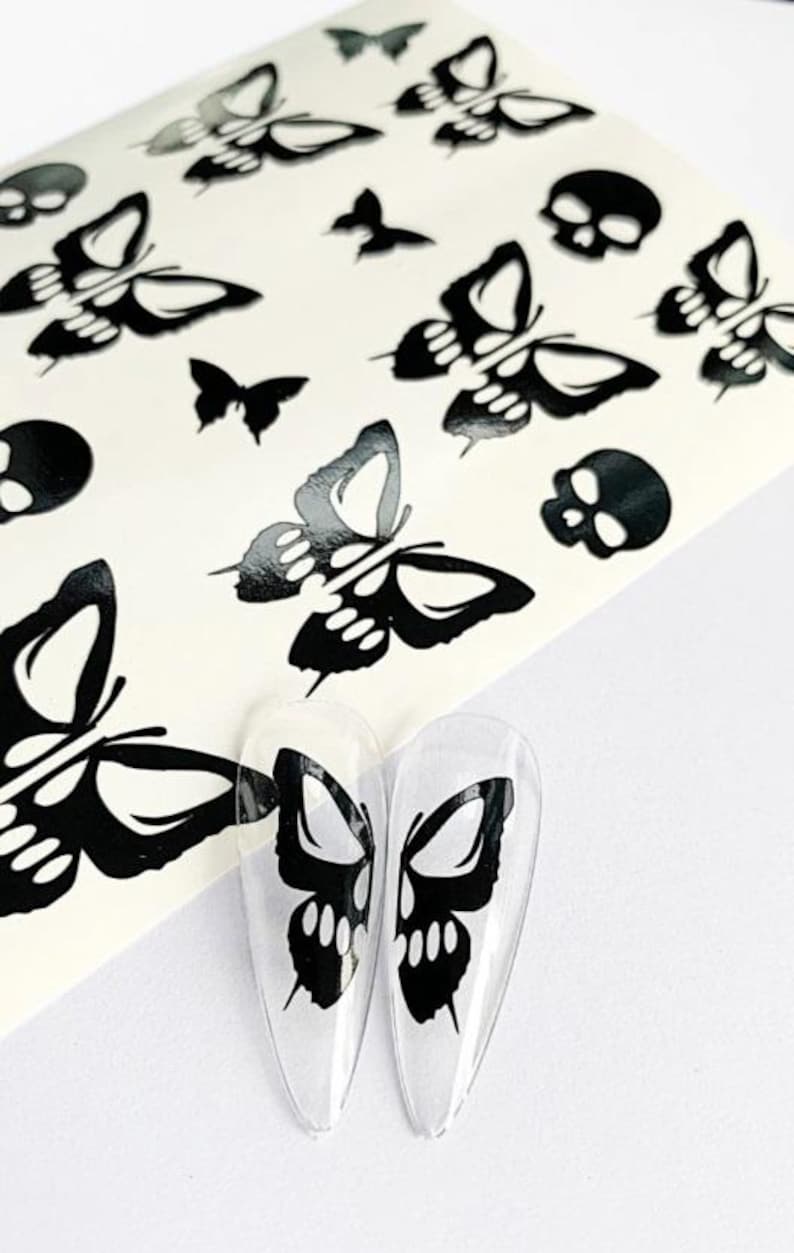 Halloween Nail Decals: Bats, Ghosts, Skulls, Skull Butterfly - Nail Art Stickers Q054 - Black Skull