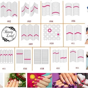 May include: A set of 21 nail art stencils with different designs, including stripes, waves, zigzags, and dots. The stencils are white with pink accents. The image also shows examples of how to use the stencils to create nail art designs.
