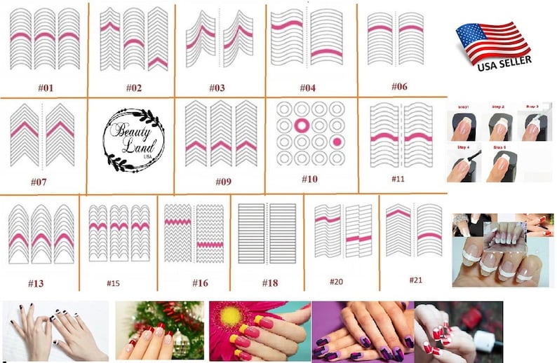 May include: A set of 21 nail art stencils with different designs, including stripes, waves, zigzags, and dots. The stencils are white with pink accents. The image also shows examples of how to use the stencils to create nail art designs.
