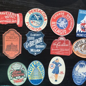 May include: Collection of vintage hotel stickers with various designs and locations, including The Towers in Brooklyn, NY, Hotel Bretagne in Milan, The Carlton in Calgary, and Hotel Bristol in Carcassonne, France.