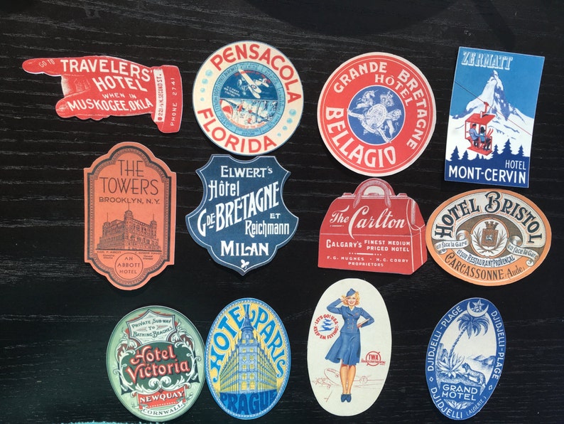 May include: Collection of vintage hotel stickers with various designs and locations, including The Towers in Brooklyn, NY, Hotel Bretagne in Milan, The Carlton in Calgary, and Hotel Bristol in Carcassonne, France.