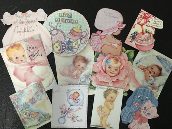 Adorable VINTAGE BABY GIRL, Baby Shower Greeting Card Die Cuts for