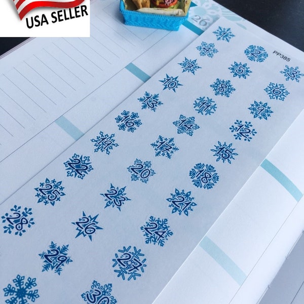 S-385 --Blue Snowflake Date Cover, Snowing, Winter, Winter Countdown: Planner Stickers ||Erin Condren, Limelife, Plum Paper, Filofax Planner
