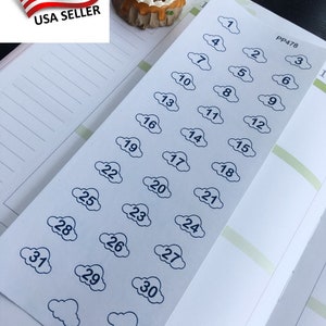 May include: A sheet of 31 blue cloud-shaped stickers with numbers 1 through 31 printed on them. The stickers are on a white background. The text "PP478" is printed in the top right corner of the sheet.