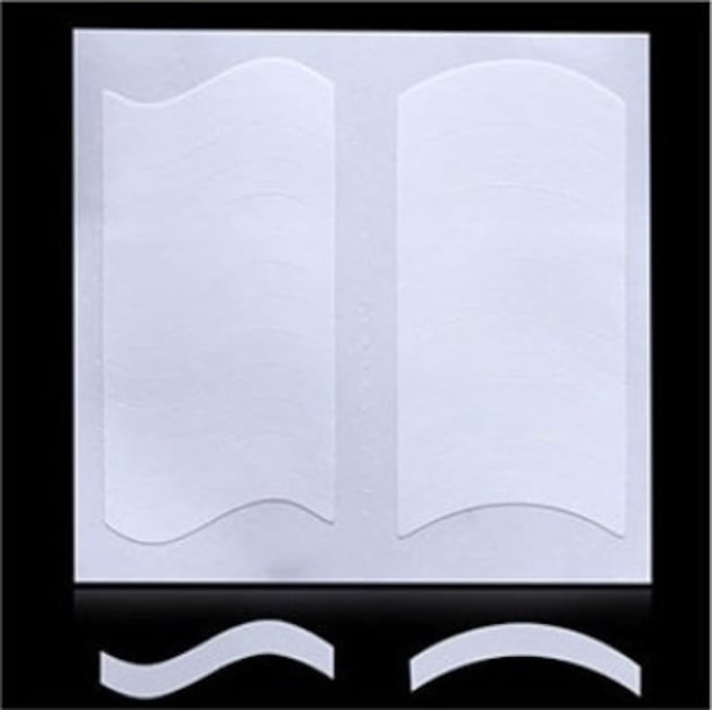 May include: Two pairs of white, curved, adhesive eyelid tapes. The tape is designed to lift and shape the eyelids. The tape is shown on a white background.