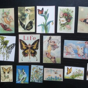 May include: A collection of vintage postcards featuring butterflies, fairies, and floral designs. The postcards are printed on thick paper with a glossy finish. Some of the postcards have a white border, while others have a colored border. The postcards are in good condition and would make a great addition to any collection.
