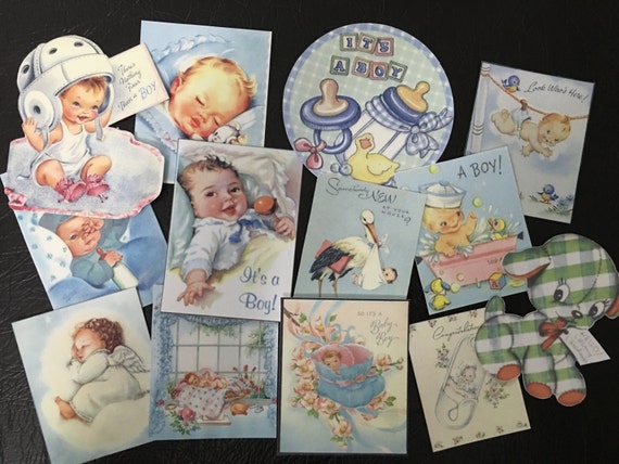 Adorable VINTAGE BABY BOY, Baby Shower Greeting Card Die Cuts for