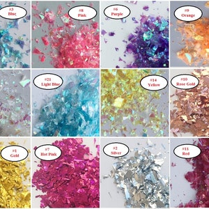 May include: Assortment of iridescent glitter flakes in various colors, including blue, pink, purple, orange, white, light blue, yellow, rose gold, gold, hot pink, silver, and red. Each color is labeled with a number.