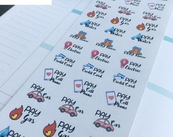 May include: A sheet of colorful stickers with various icons and text. The stickers are designed for use in a planner or journal. The icons include a house, a light bulb, a credit card, a cell phone, a car, a flame, and a water drop. The text on the stickers includes "PAY", "HOUSE", "ELECTRIC", "CREDIT CARD", "CELL PHONE", "CAR", "GAS", and "WATER".