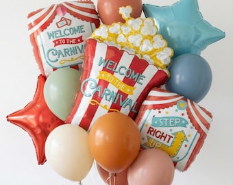 Carnival Balloon Kit for Birthday Party – Circus Theme Balloon Bouquet, Popcorn & Star Foil Balloons, Gender Neutral Fair Party Decorations