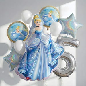 Cinderella Balloons Set – Princess Birthday Party Decorations for Girls | Blue Princess Foil Balloon Bouquet | Fairy Tale Party Supplies
