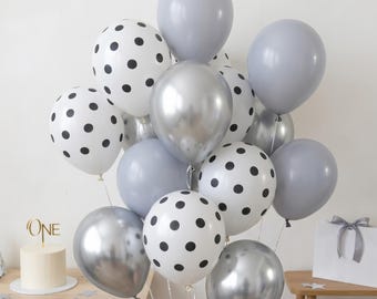 Modern Grey and Silver Balloon Bouquet, Black and White Polka Dot Latex Balloons, First Birthday One Party Decor, Neutral Baby Shower