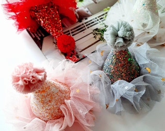 Mini Glitter Pompom Hat|Party Hat with Tulle|Birthday Hat|Birthday Party Hat| Glitter Hat|Party Hat|Lace Hat|Hairclip|Babybling Birthday Hat