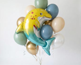 Cute Dolphin Balloon Bouquet for Baby Shower, Ocean Theme Birthday Decor, Under the Sea Party Balloons, Neutral Kids Party Gift