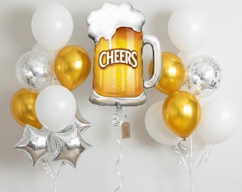 Valentine’s Day Party Balloon Kit｜Gold & White Beer Mug Foil Balloon｜Couples Night Decor｜Fun Romantic Celebration Must Have