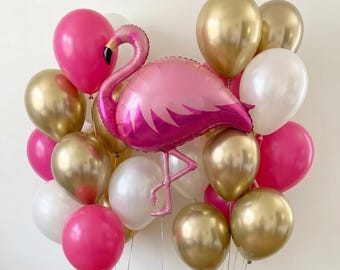 Pink Flamingo Balloon Bouquet, Tropical Party Decor | Summer Birthday Celebration, Luau Photo Prop, Hot Pink Gold & White Balloons